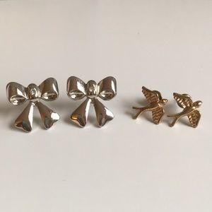 Bow and bird stud earrings (set of two)